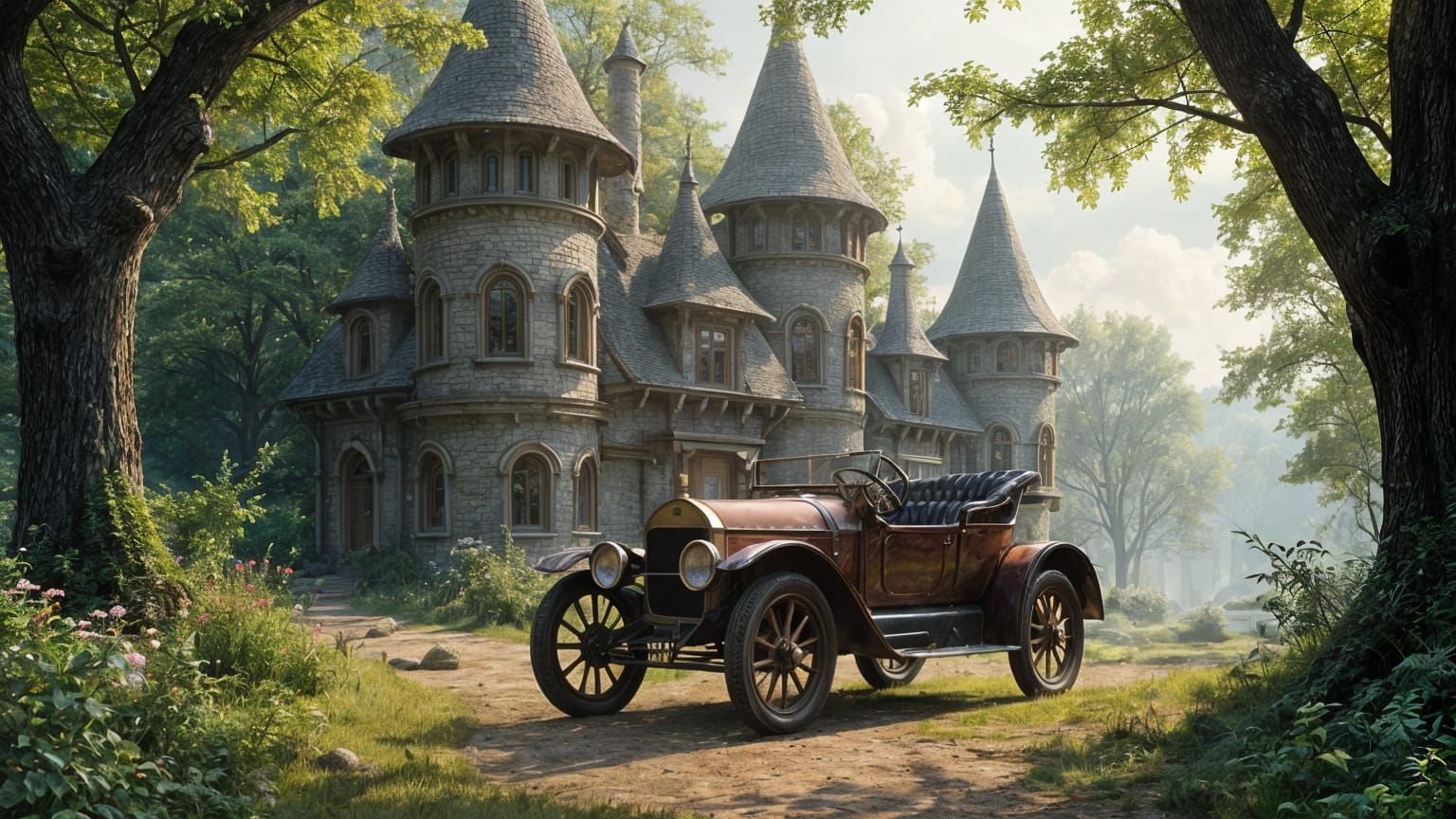 Antique Car Before Elven Cottages in Oak Forest