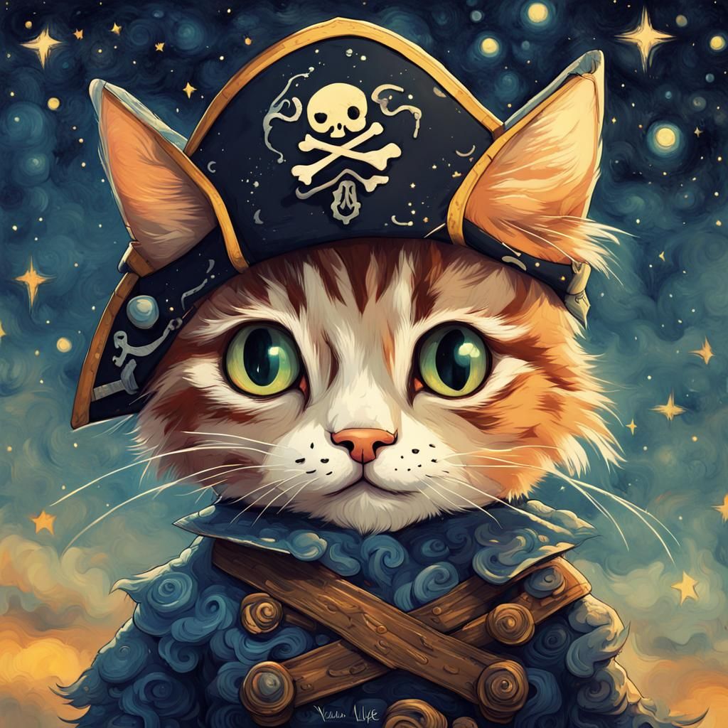 Cartoon Cat Pirate in Starry Fantasy Illustration