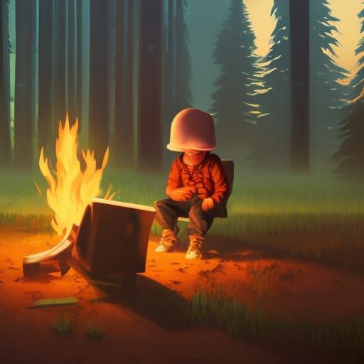 Boys and Robots Campfire in Hyperrealistic Style