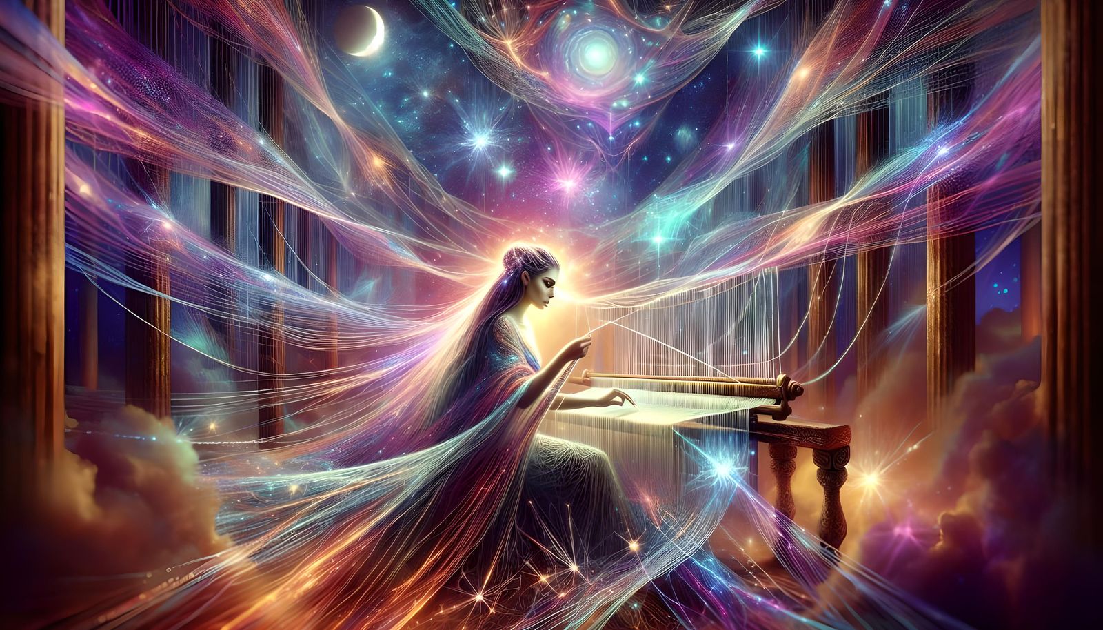 Goddess Weaving Dreams in Twilight Sky