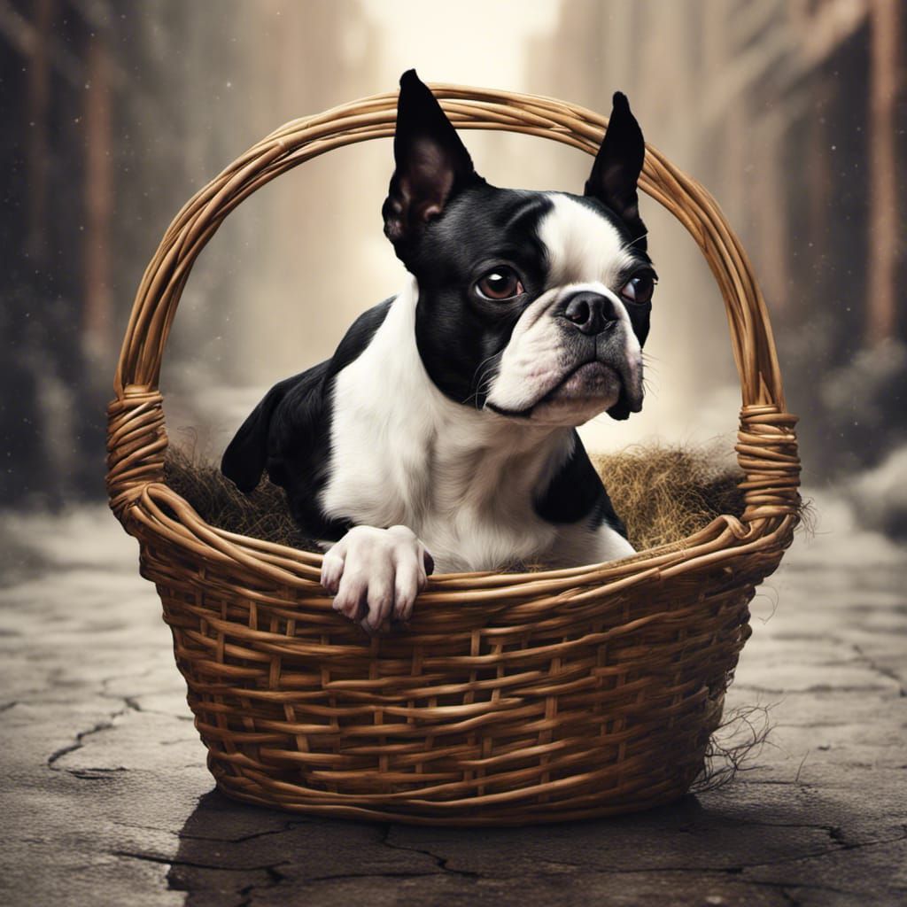 Boston Terrier in Basket: Digital Matte Painting