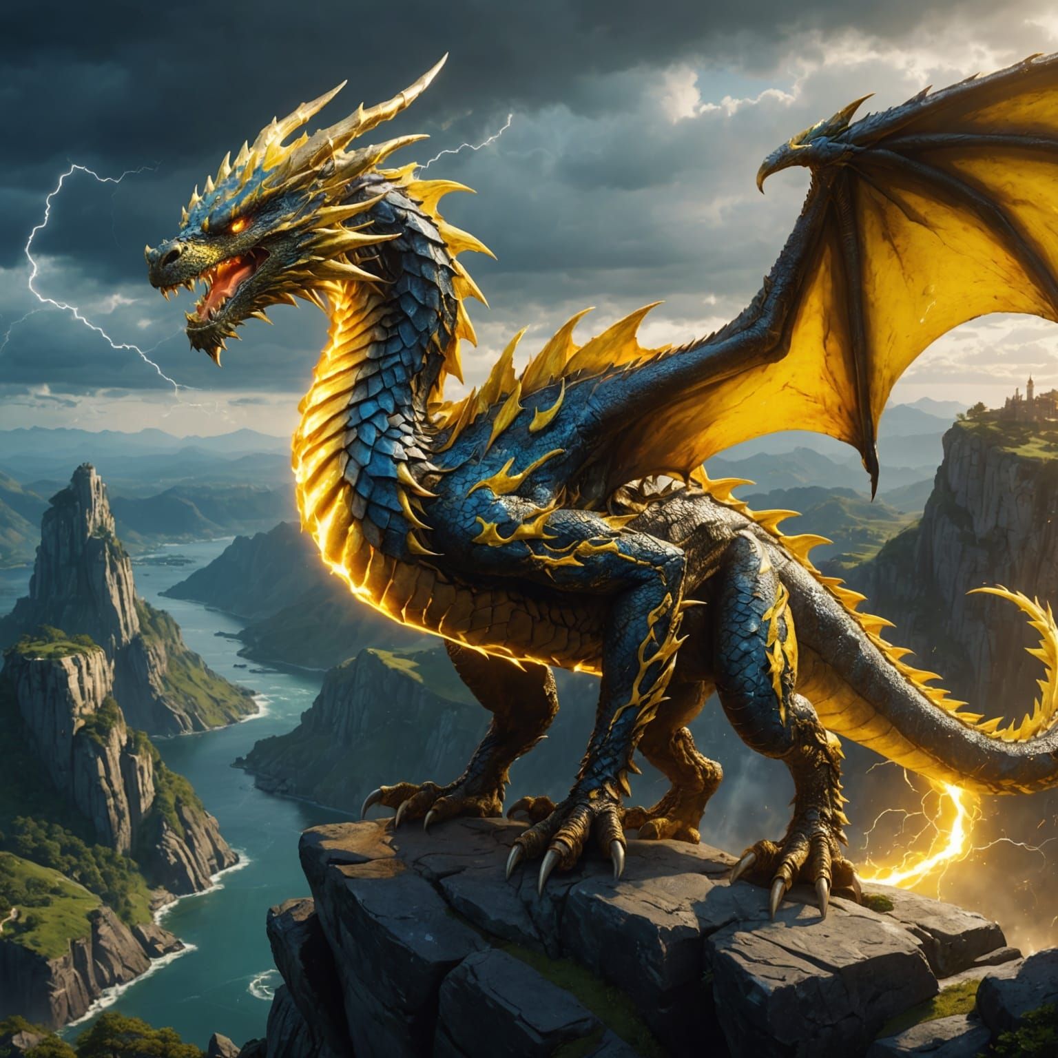 Yellow Lightning Dragon on Cliff in Anime Style