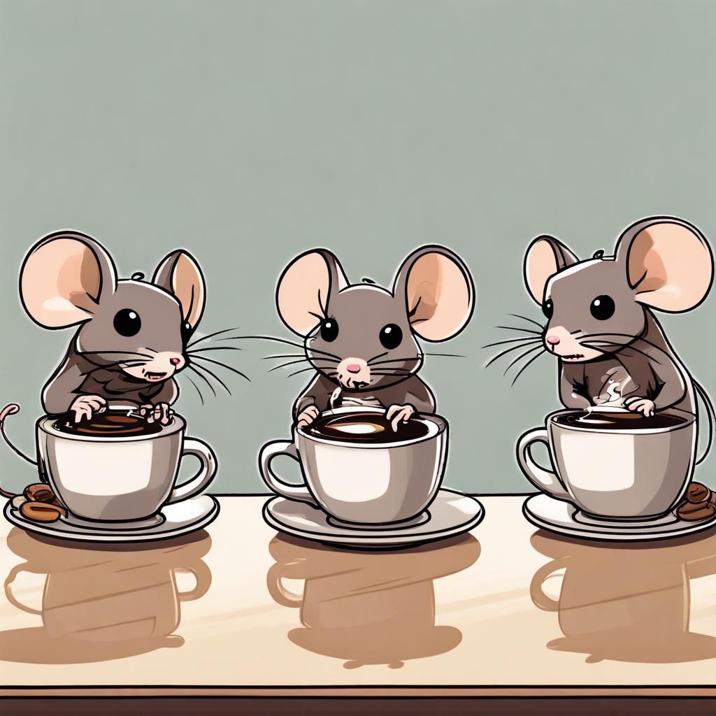 Chibi Mice Discovering Steaming Coffee Cups