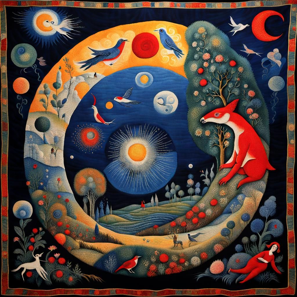 Woven Tapestry Surrealism; Chagall art, woven fabrics, decorative, detailed, masterpiece