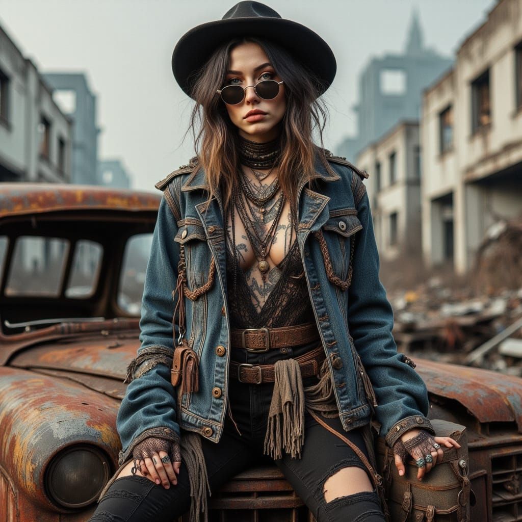 Eccentric Grunge Girl Amidst Crumbling Decay