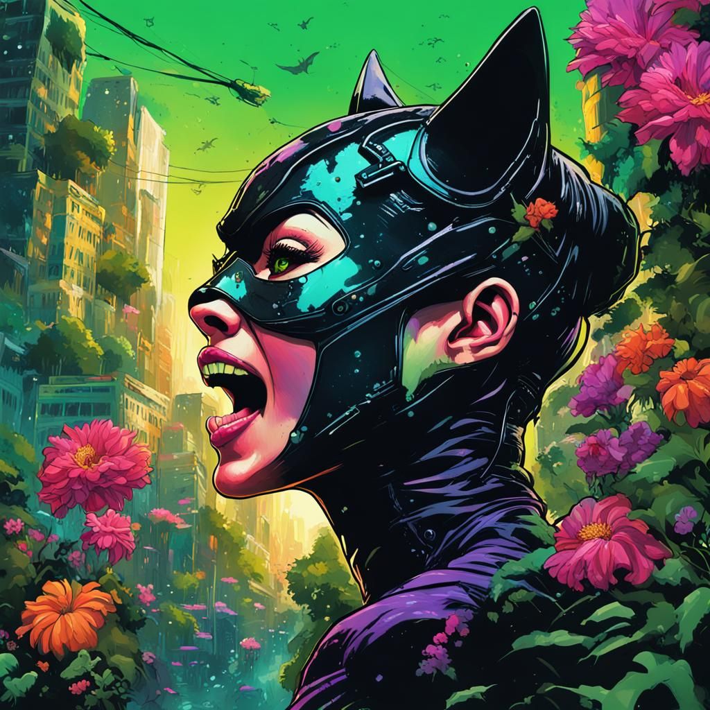 Catwoman Screaming in Neon Jungle City