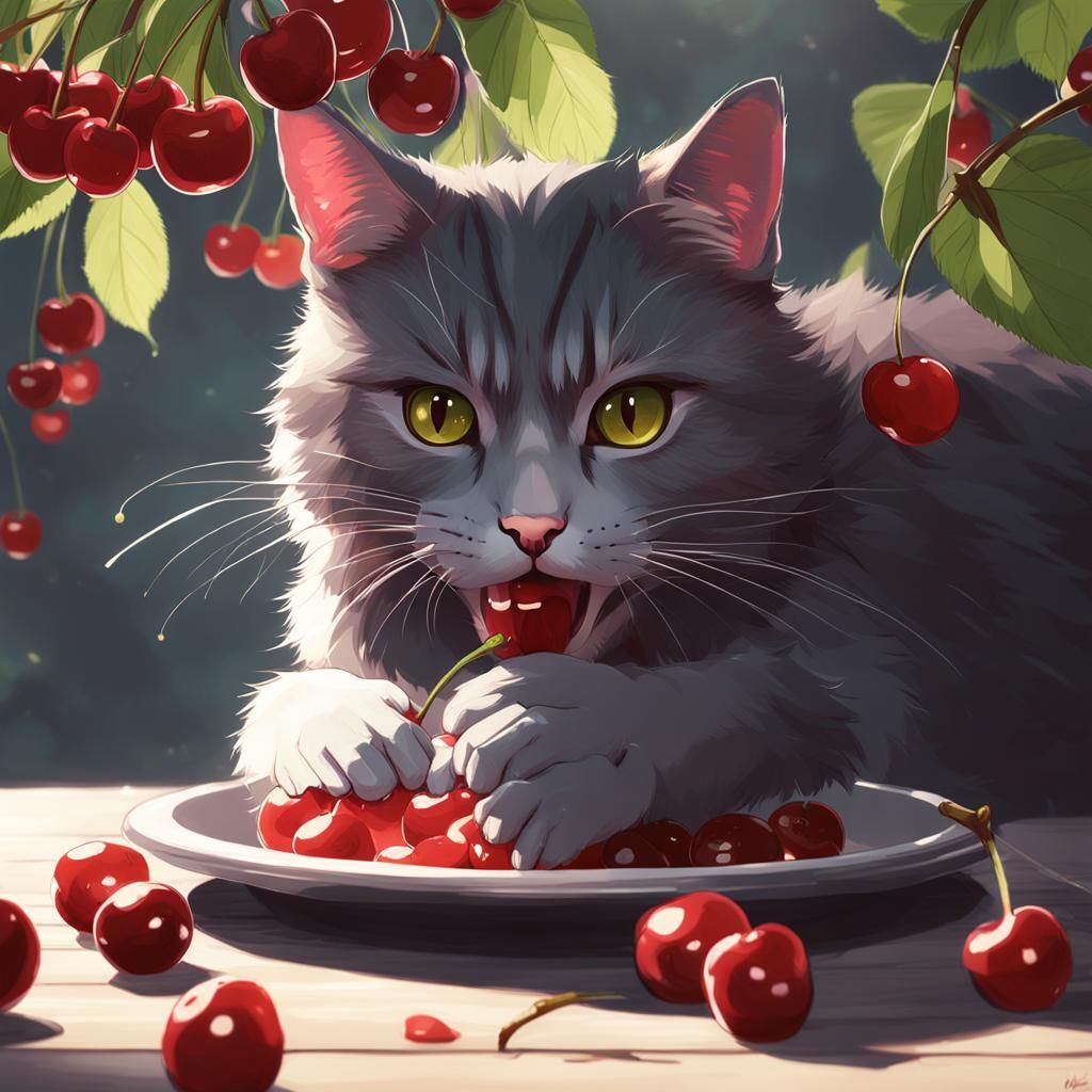 Cat Eating Cherries in 3D Anime Style