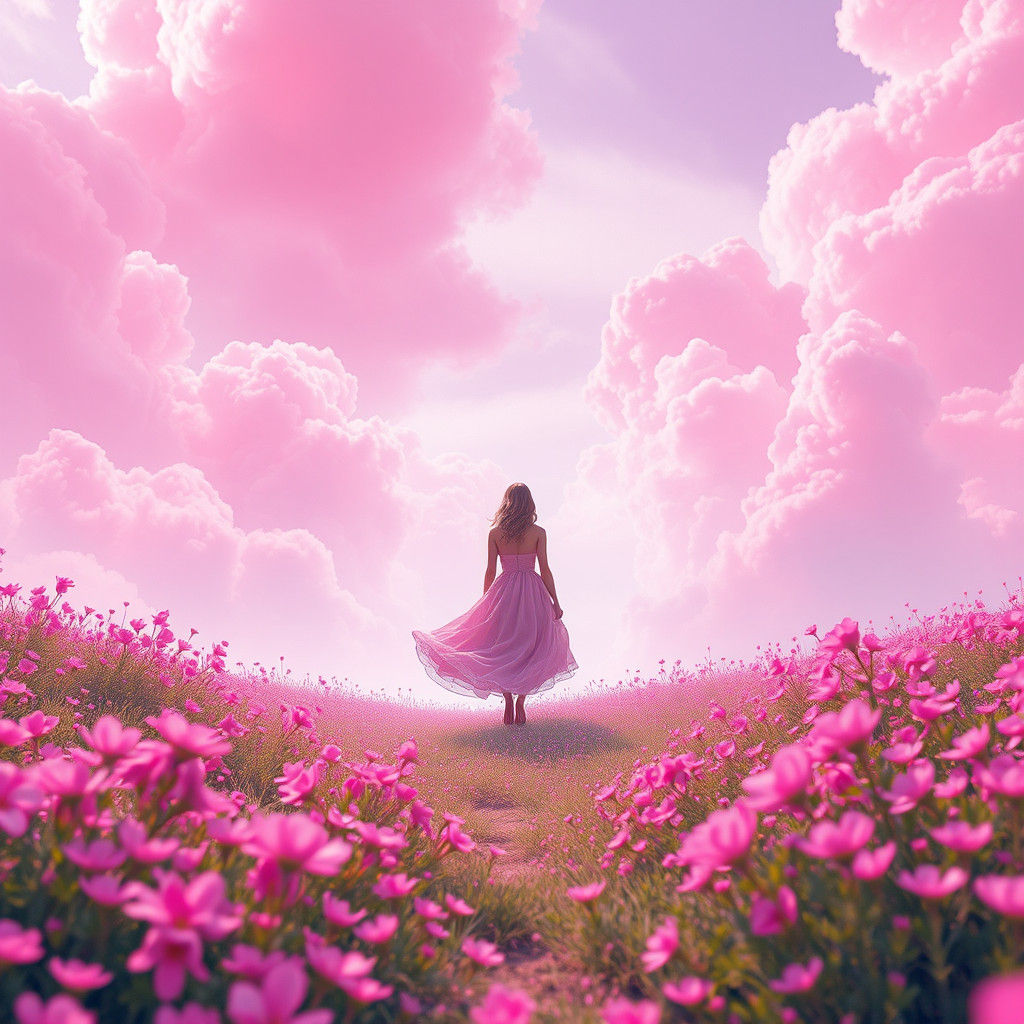 Dreamy Pink Landscape with Figure, as Digital Painting