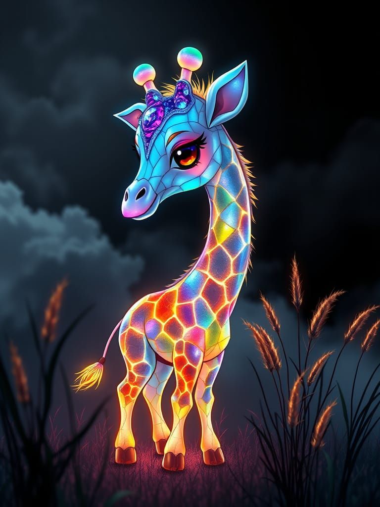 Chibi Giraffe with Fractal Geometry and Neon Aura