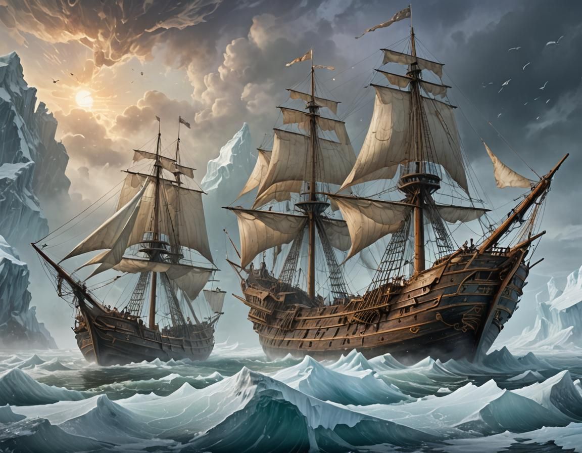 Ghost Ship Drifting in Iridescent Fog and Ice