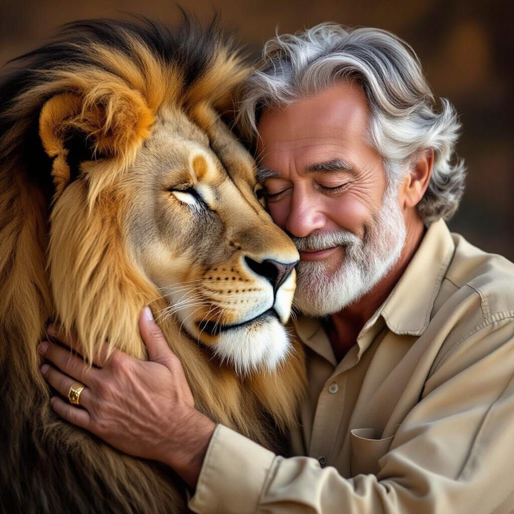 Elderly Man and Lion Embrace in Serene Moment
