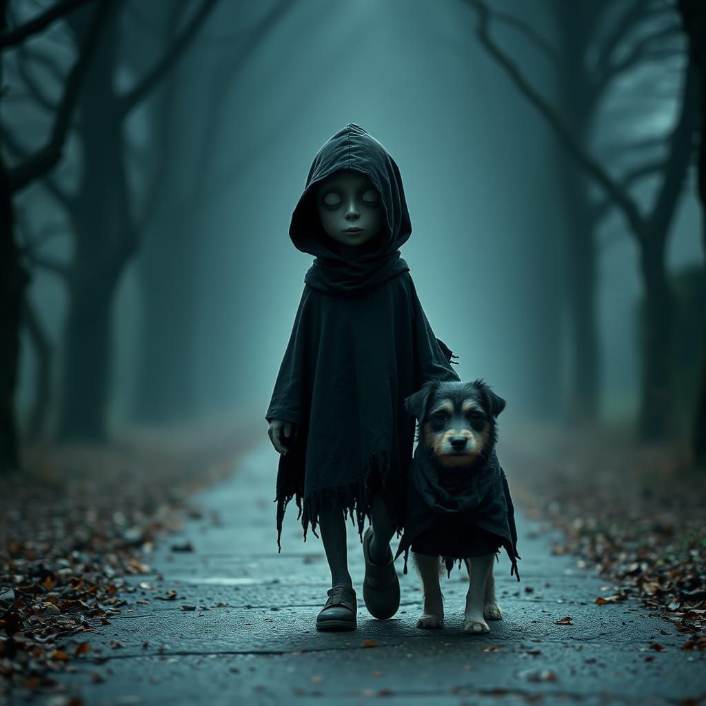 Adorable Dementor and Dog Stroll in Misty Park