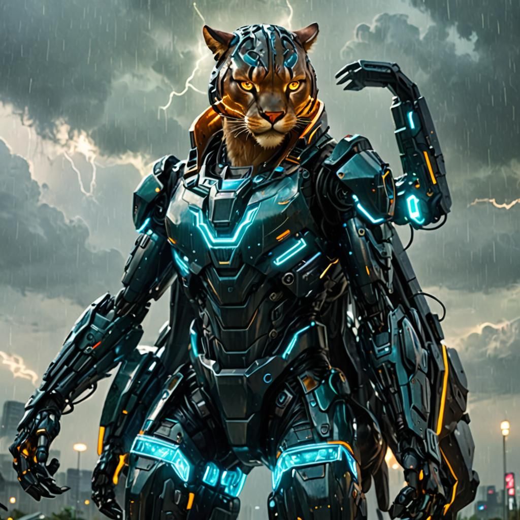 Cybernetic Cougar Warrior in Sci-Fi Storm