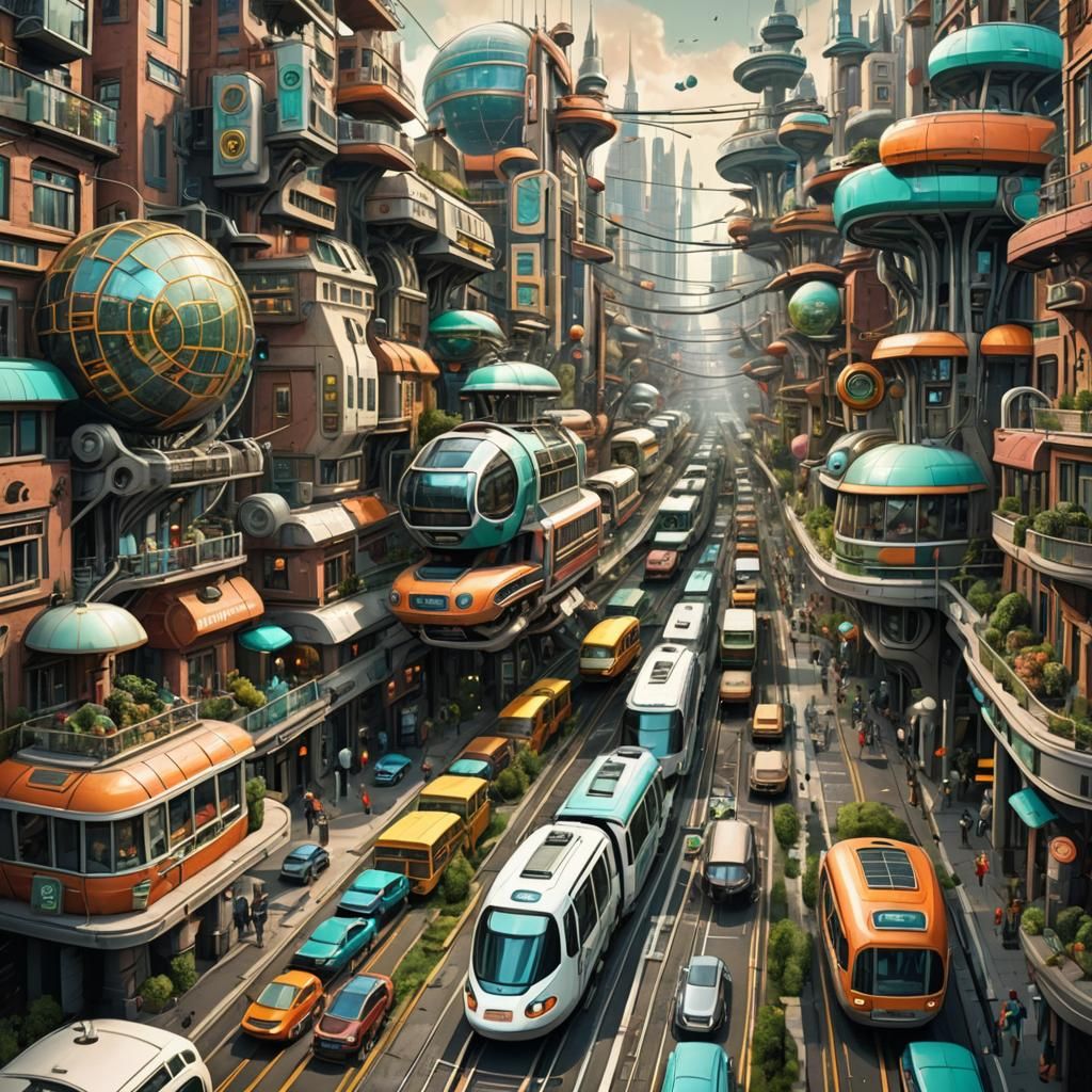 Futuristic Cityscape with Trams and Stargates