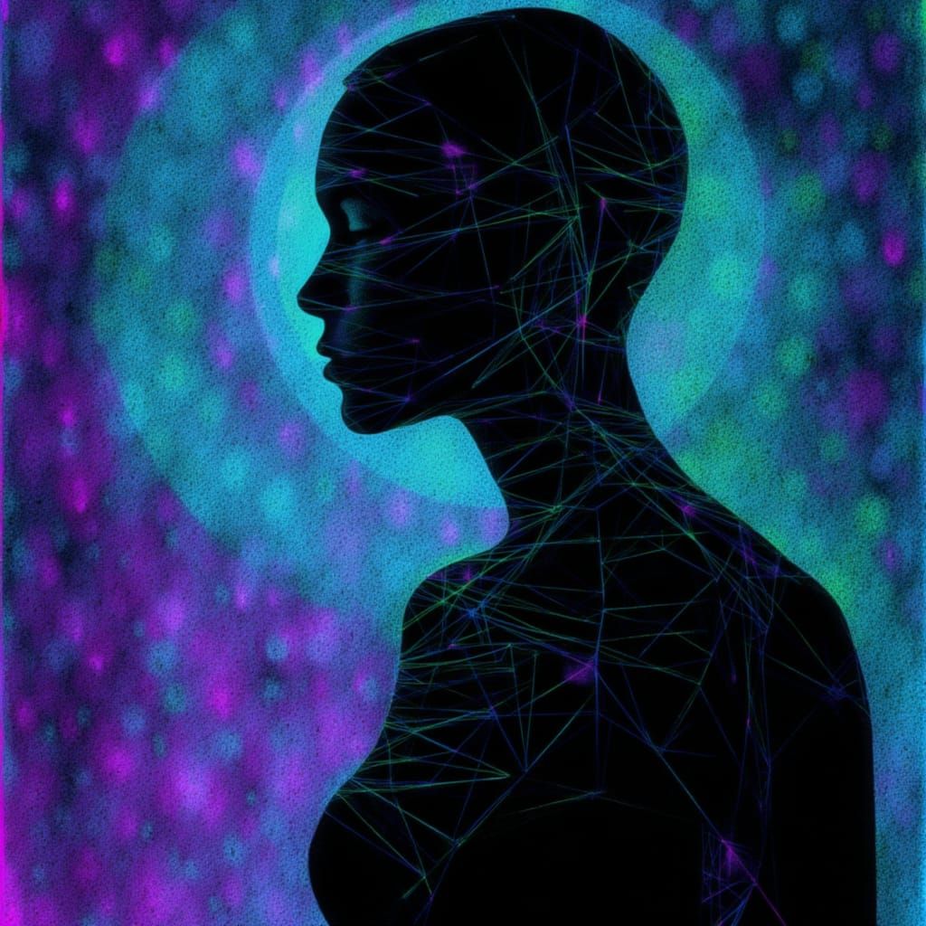 Fragmented Silhouette in Glowing Digital Network