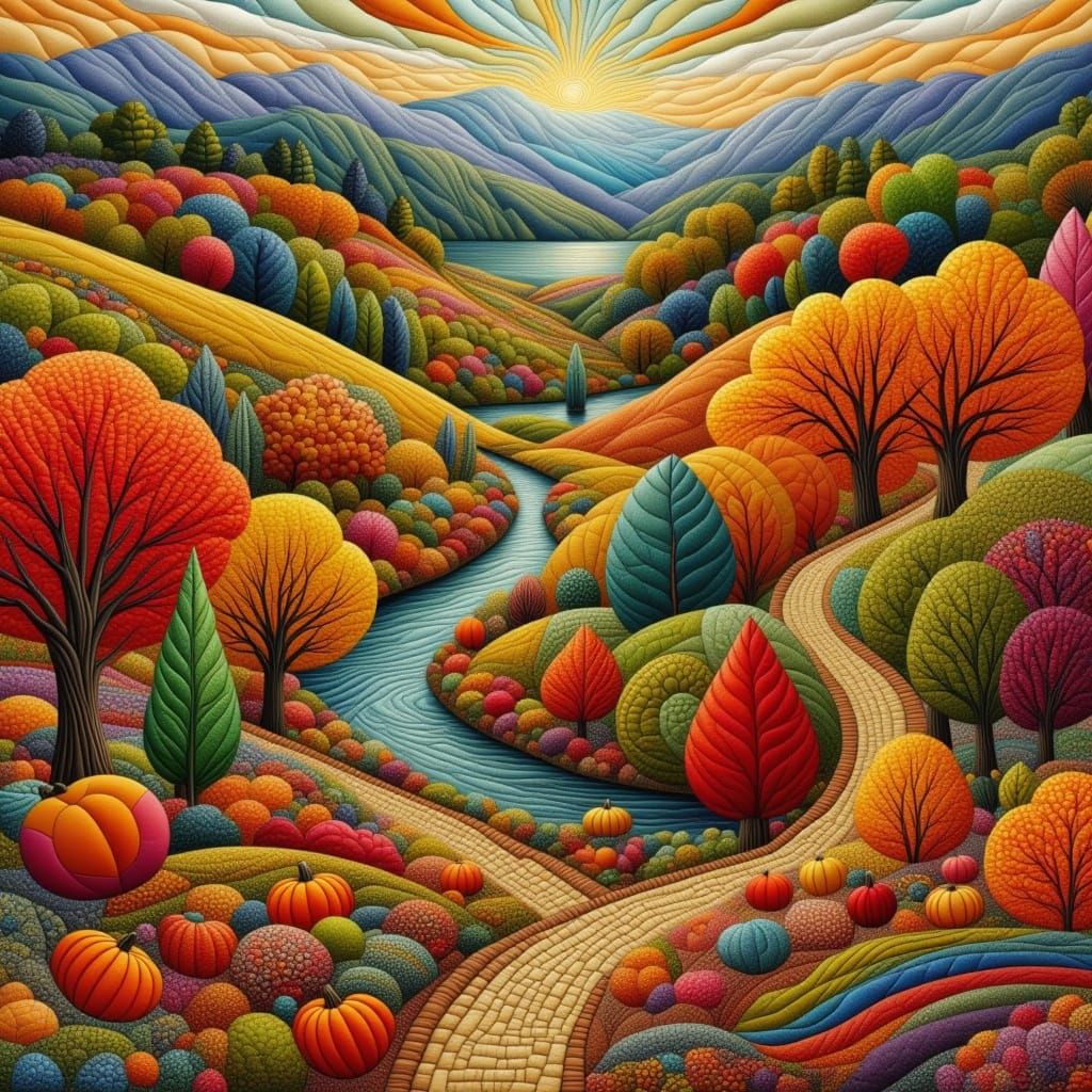 Quilted Fall Landscape with Intricate Stitching