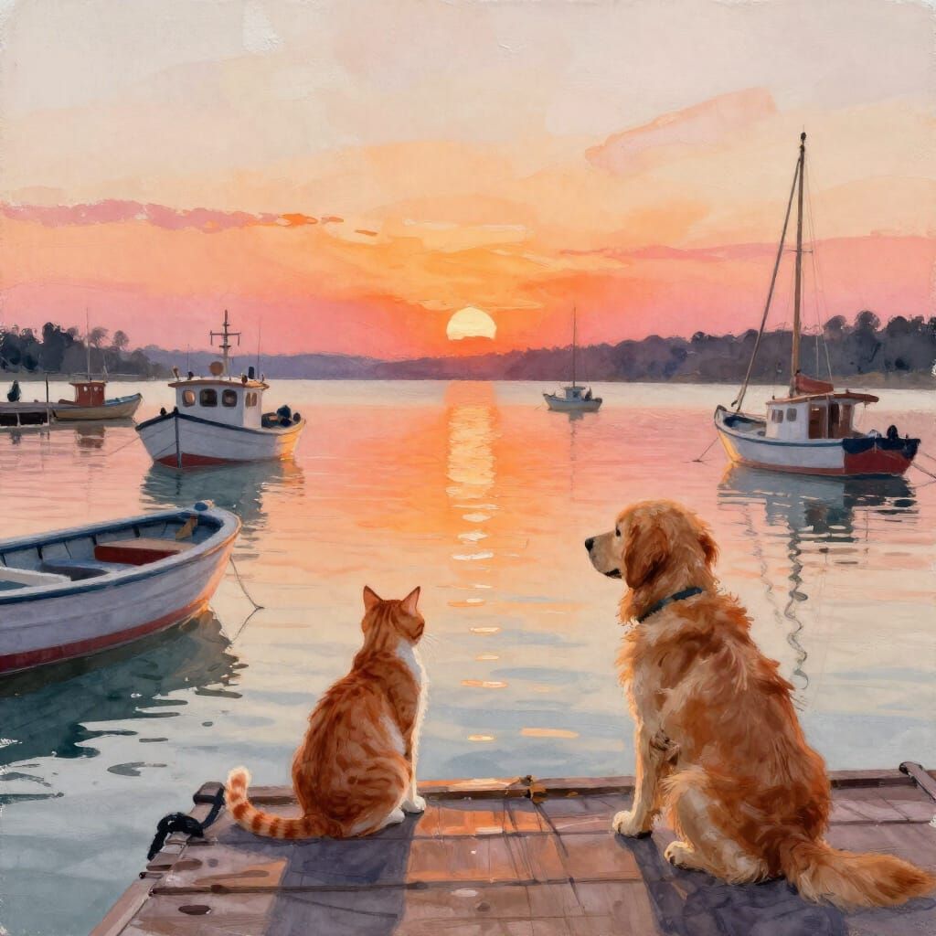 Peaceful Harbour Sunset with Boats and Animals in Watercolou...