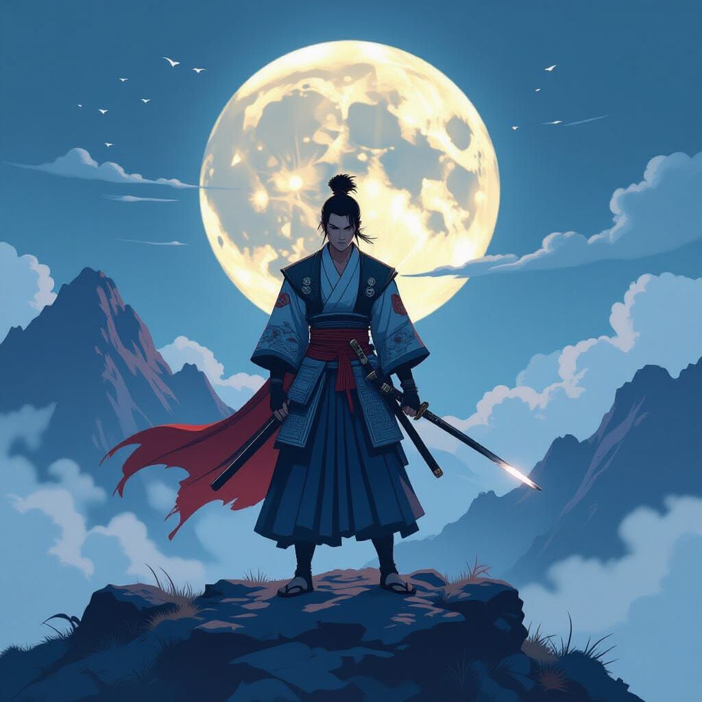 Samurai on Windswept Mountain in Anime Style