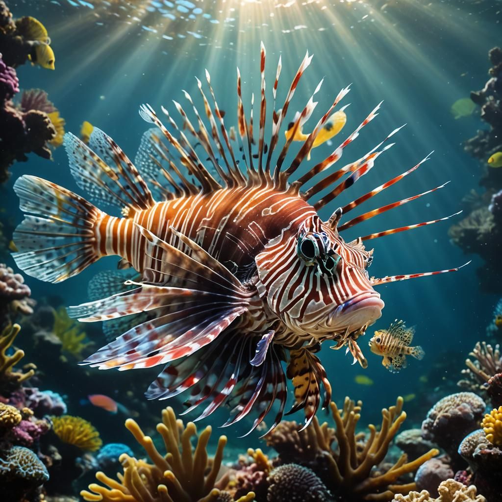 Colorful Lionfish in Underwater Reef, Surreal Oil Painting