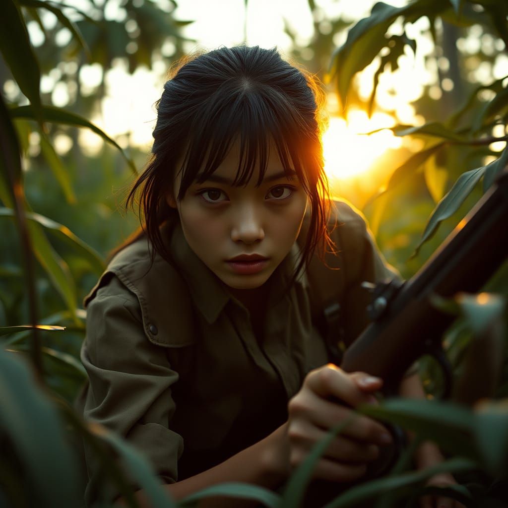 Elegant Female Soldier in Jungle Underbrush, Cinematic Film ...