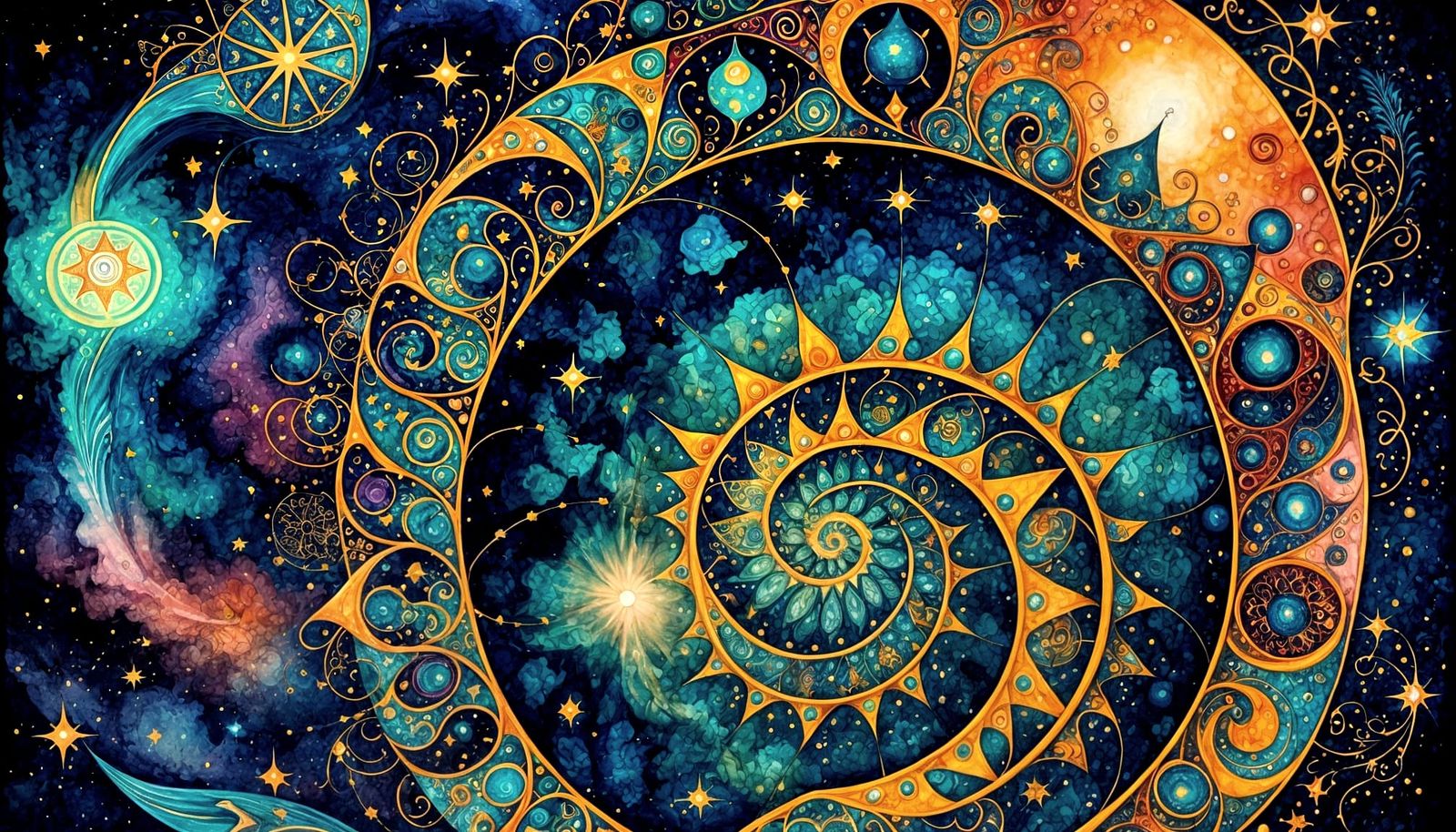 Cosmic Geometry: Infinite Spirals in Vibrant Qajar Art Style