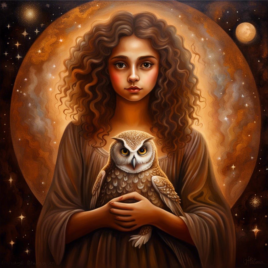 Renaissance Girl with Owl in Starlight