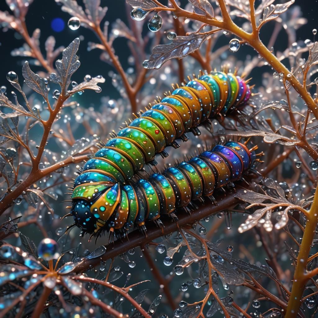 Dew-Covered Caterpillar in Hyper-Realistic 3D Art