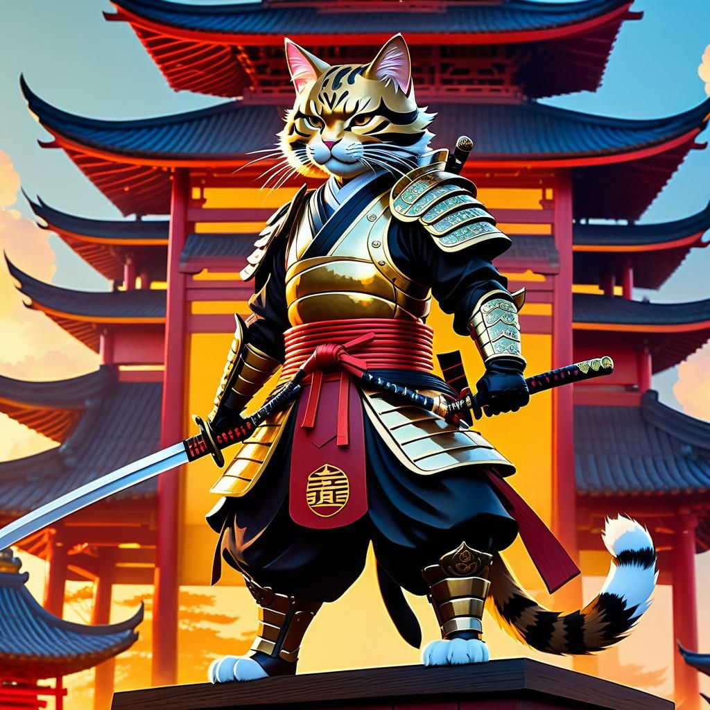Feline Samurai Bounty Hunter in Silkpunk Style
