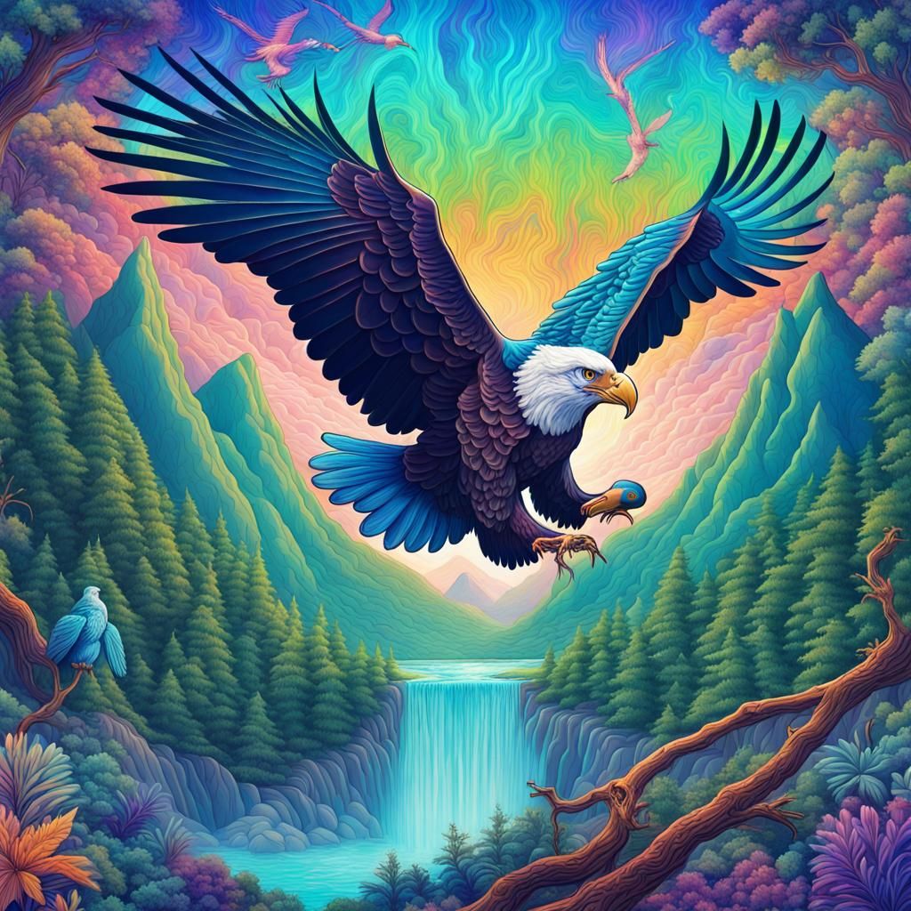 Psychedelic Forest with Condor and Eagle, Astral Illustratio...