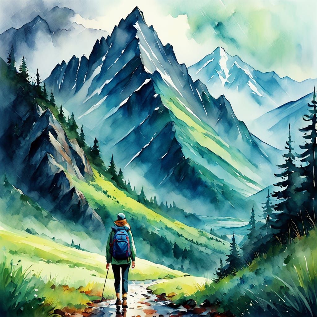Female Traveler in Rainy Mountain Landscape: Watercolor Art
