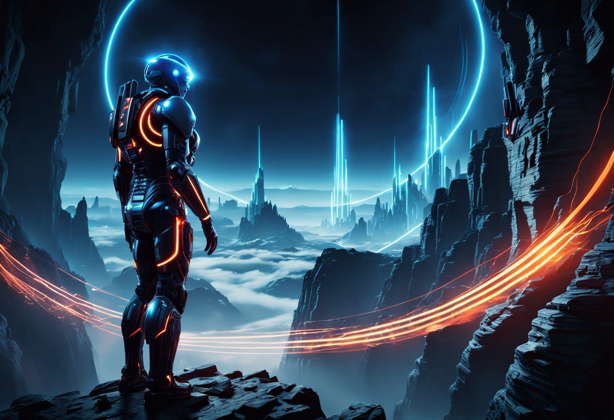 Hero at Digital Cliff in Sci-Fi Style