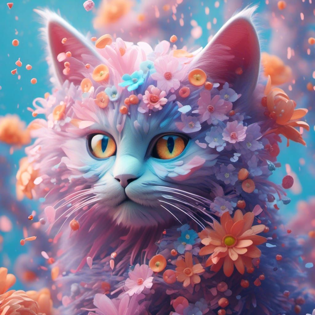 Pastel Flower Cat in Detailed Matte Painting