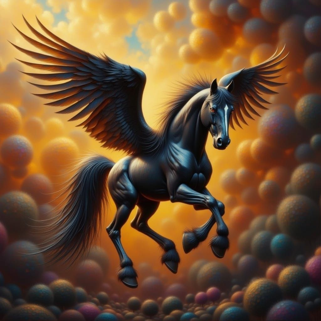 Vibrant Black Pegasus in Impasto Style