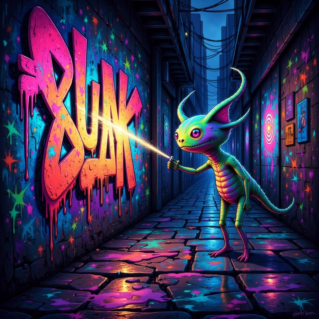 Fantastical Creature Paints Neon Graffiti on City Wall