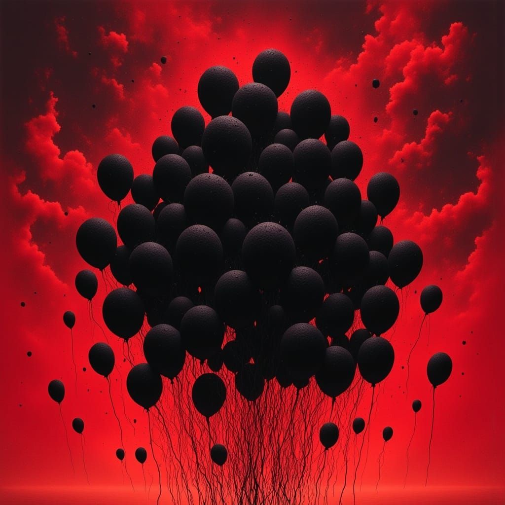 Surreal Black Balloons Silhouetted Against a Dark, Fiery Red...