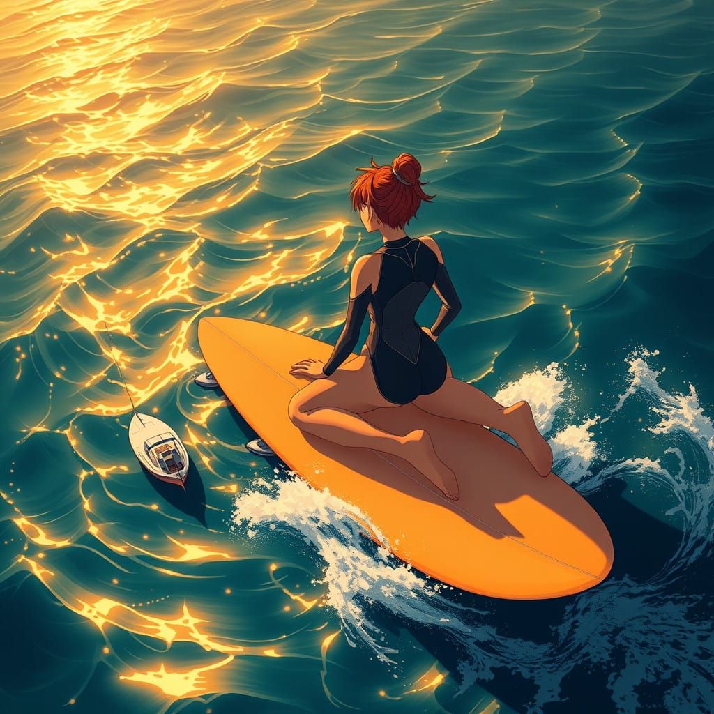Surreal Anime-Inspired Goddess Surfs the Endless Ocean
