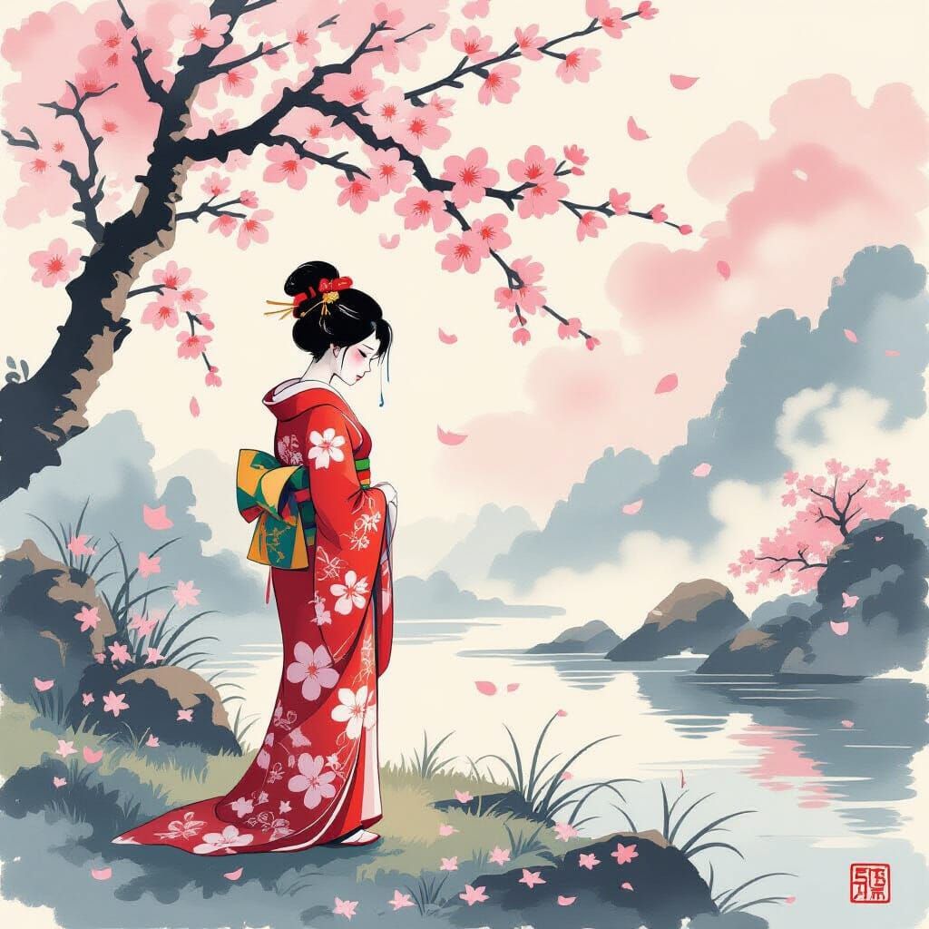 Lonely Flower in Kimono, Ukiyo-e Style Landscape
