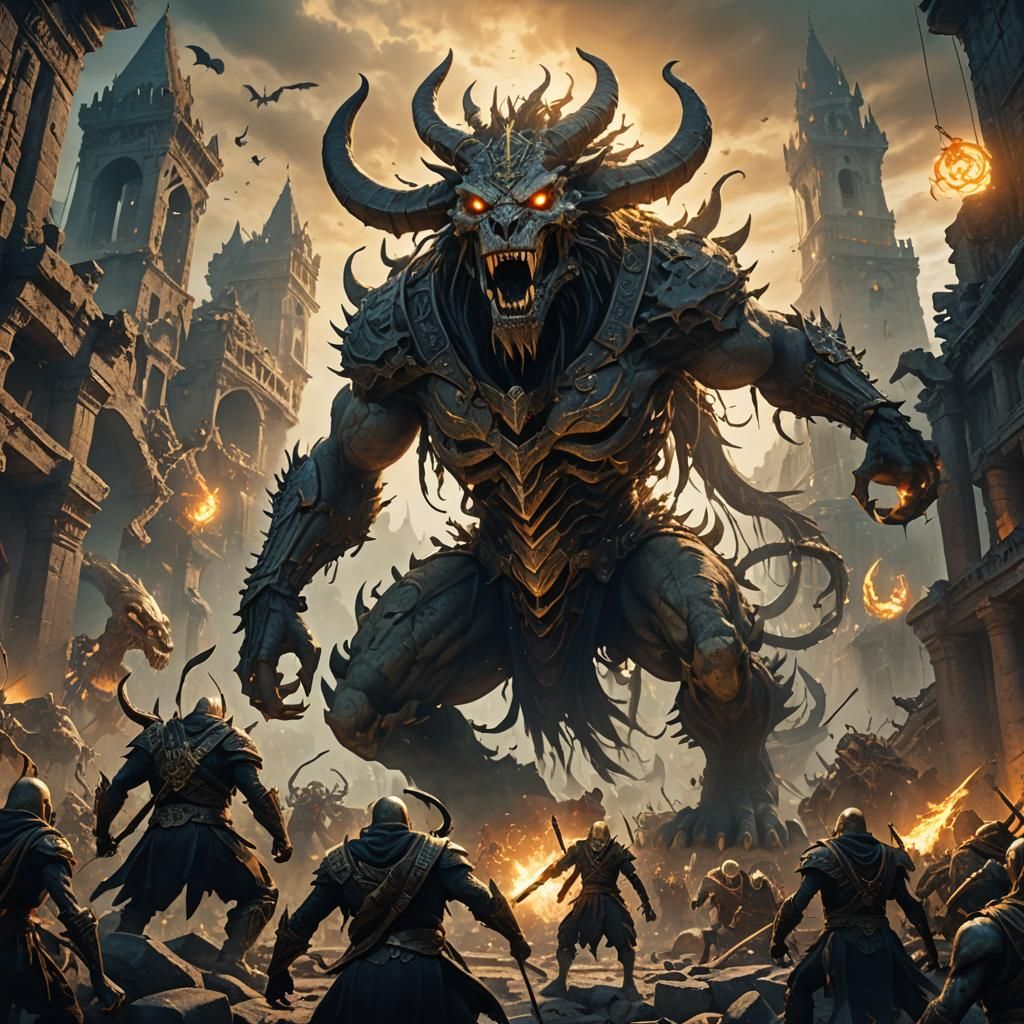 Giant Cyclops Battles Skeleton Army in Ruined City