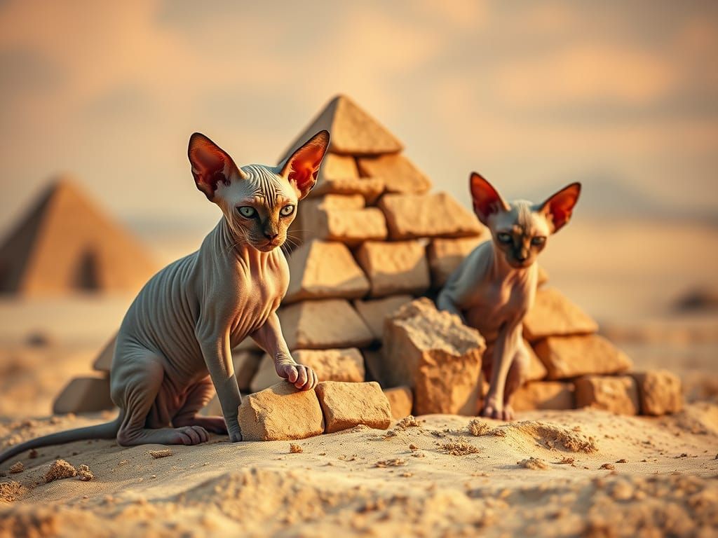 Sphynx Cats Constructing Pyramids in Desert Landscape