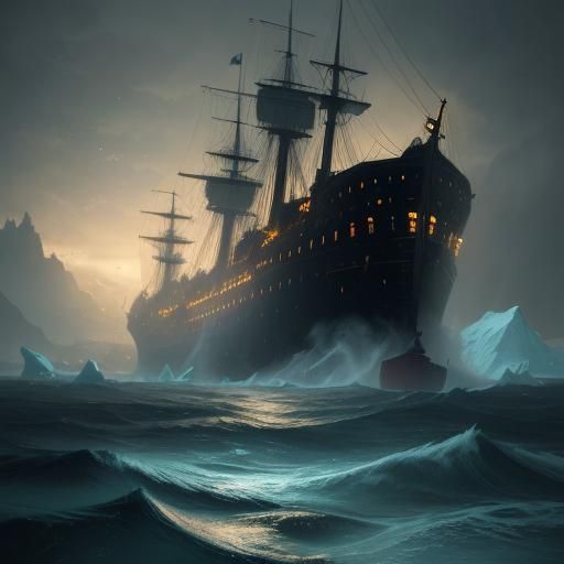 Ship Sinking in Icy Atlantic: Dark Fantasy Art