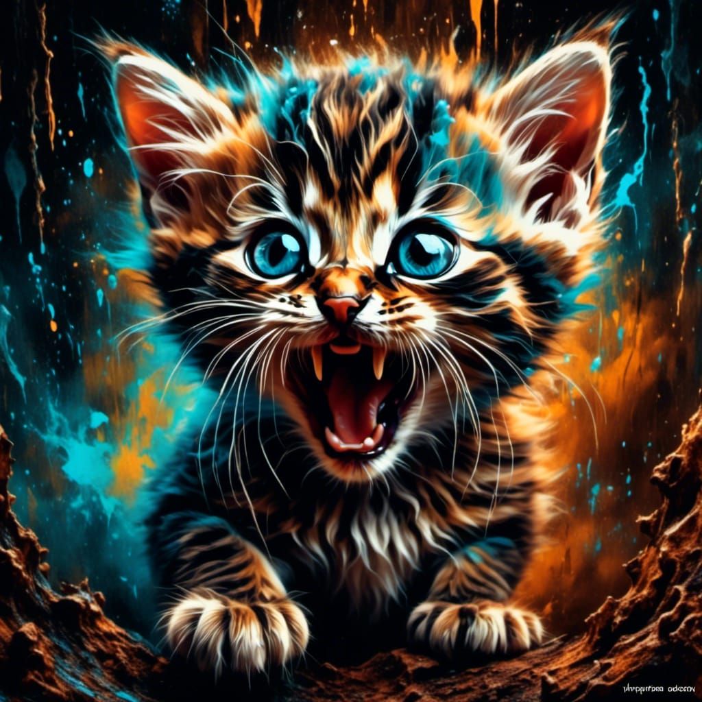 Ferocious Baby Kitten Roars in Vibrant Bioluminescent Colors