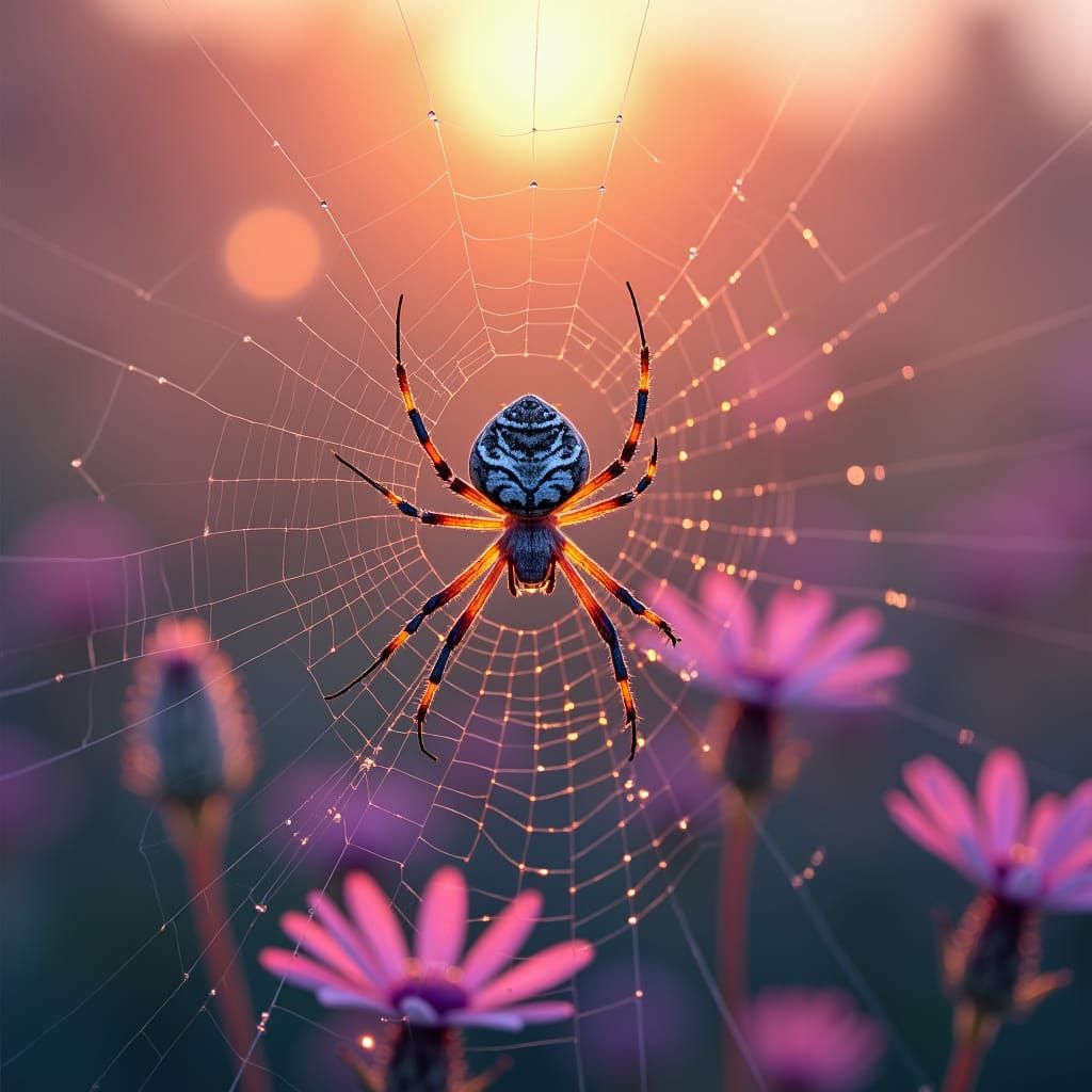 Orb-Weaver Spider on Dewy Web at Dawn