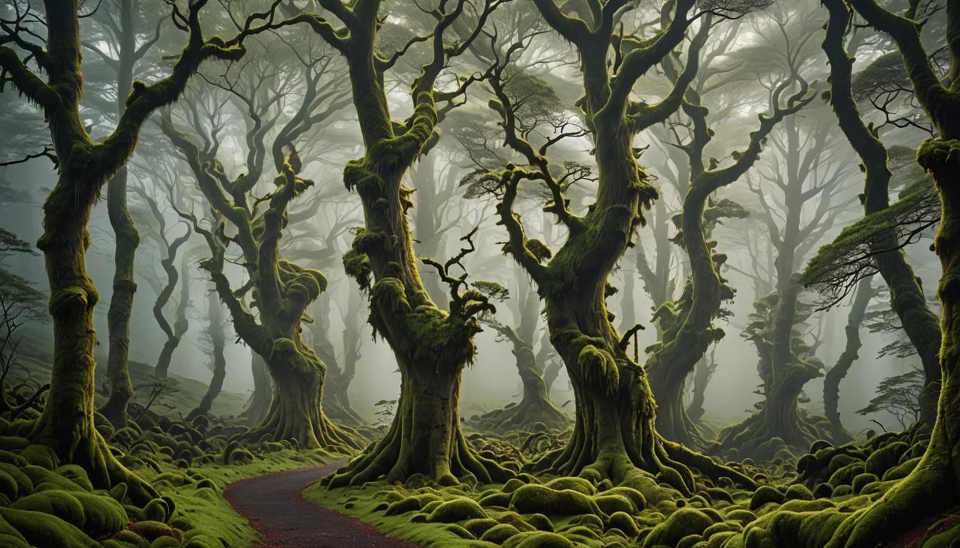 Enchanted Forest Path with Mossy Trees in Fog