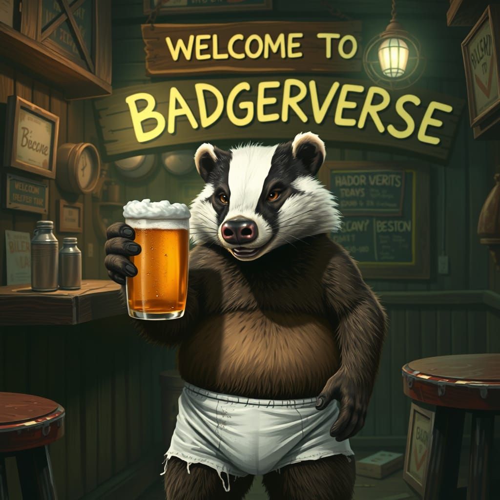 Badger in Bar Holding Beer Under "Badgerverse" Sign