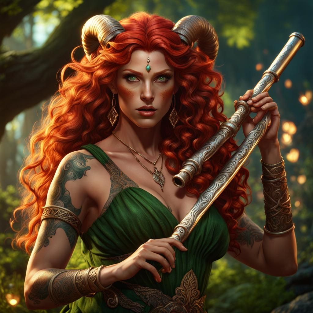 Satyr Woman with Magical Flute, Fantasy Art