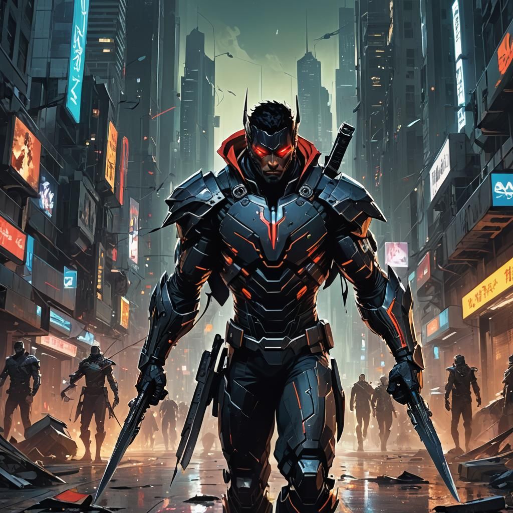 Futuristic Blade Superhero in Cyberpunk Cityscape