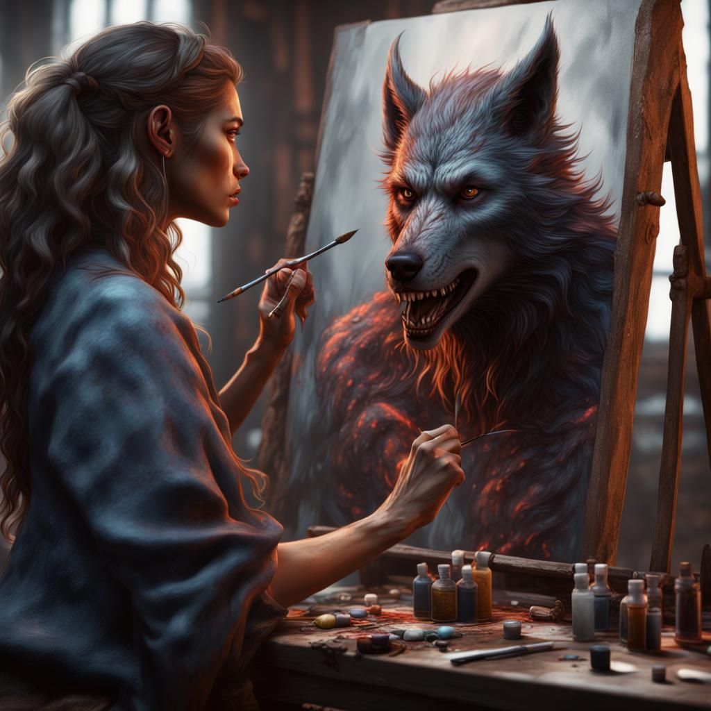 Detailed Matte Painting: Female Werewolf Self-Portrait