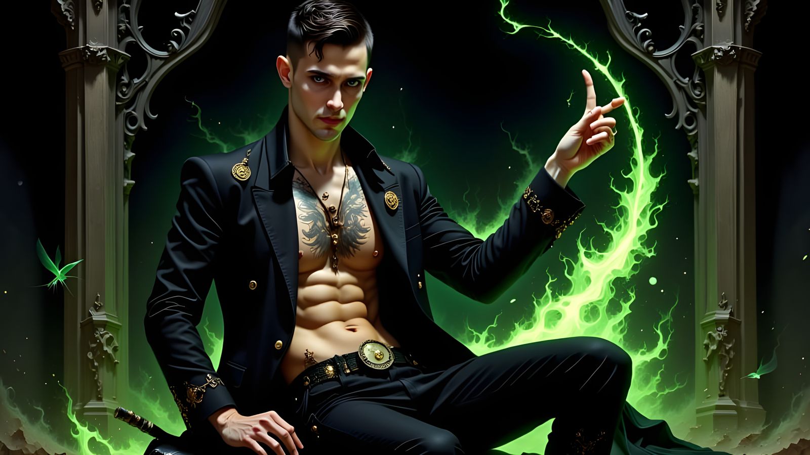 A Mysterious Warrior in Japanese Attire with Celestial Tatto...