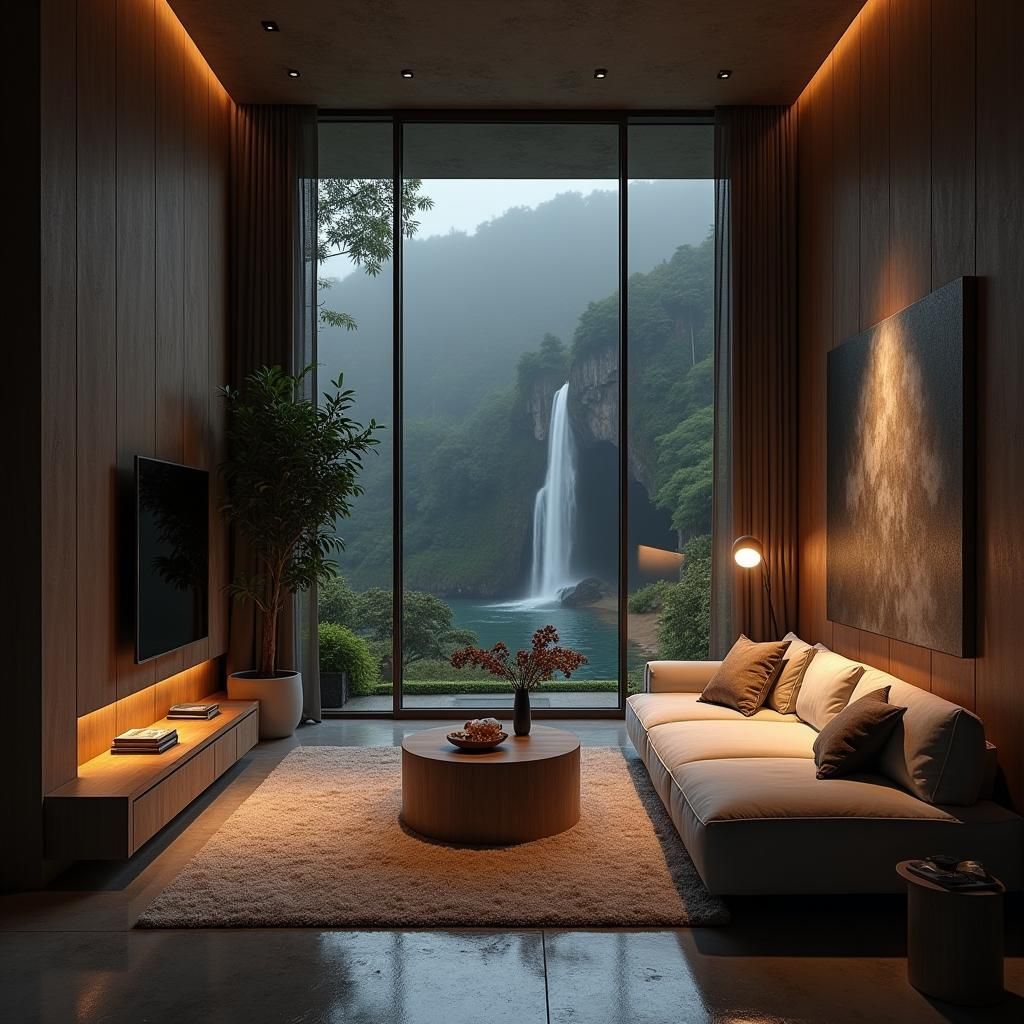 Luxurious House Interior with Rainy Window View
