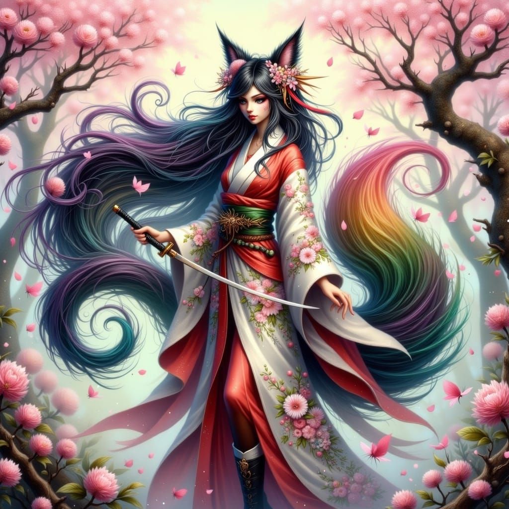 Majestic Kitsune in Cherry Blossom Kimono, Katana in Hand, A...